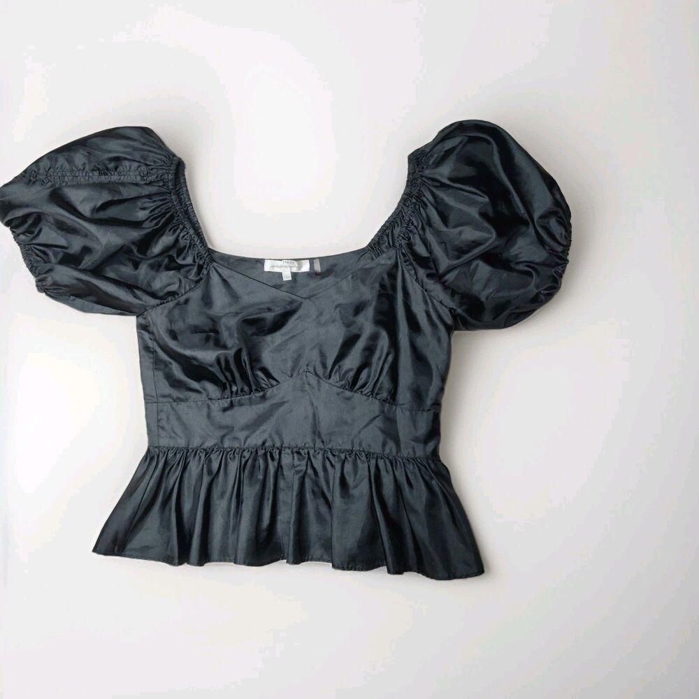 Loveshackfancy Women's Black Cropped Satin Poof Sleeve Shirt Size 4